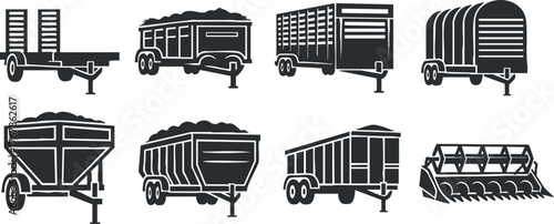 Collection of various agricultural trailers and carts used for transporting goods and produce.