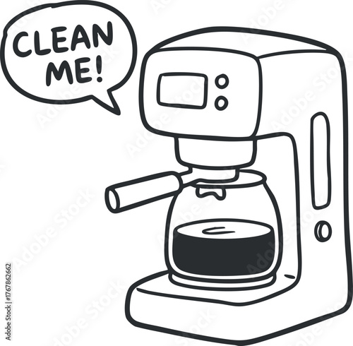 Illustration of a coffee machine with a speech bubble saying clean me in a humorous style