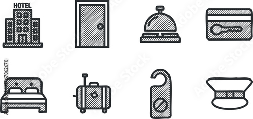 A collection of hotel and travel icons including a building luggage bed and reception items.