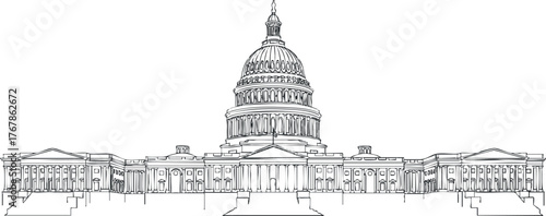 Line art illustration of the United States Capitol building in Washington D.C.