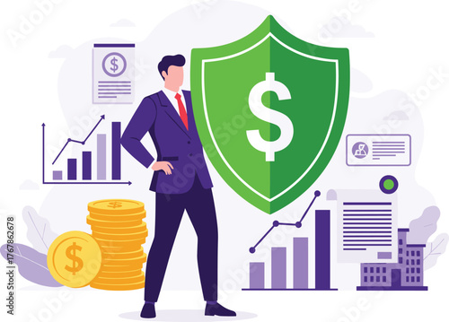 Cartoon businessperson with shield and dollar sign surrounded by coins, charts, and buildings representing financial protection and business growth concept