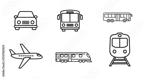 Line art illustration depicting various modes of transportation vehicles
