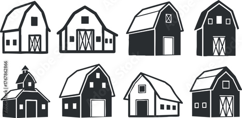 A collection of eight stylized barn silhouettes in black and white showcasing rural architecture.