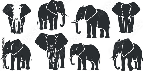 A collection of black silhouette illustrations featuring various poses of elephants in a stylized design.