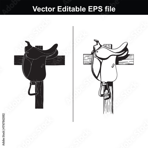 Western saddle silhouette and sketch on a wooden cross