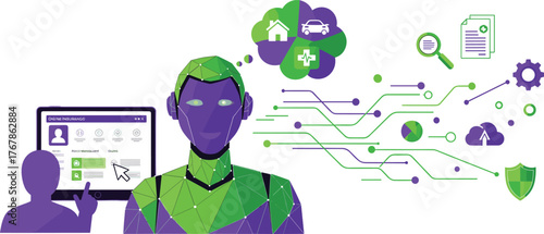 Cartoon person and AI assistant managing online insurance with icons for house, car, and healthcare representing digital protection concept