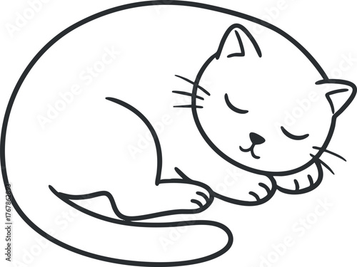 A simple line art illustration of a sleeping cat in a cozy position.