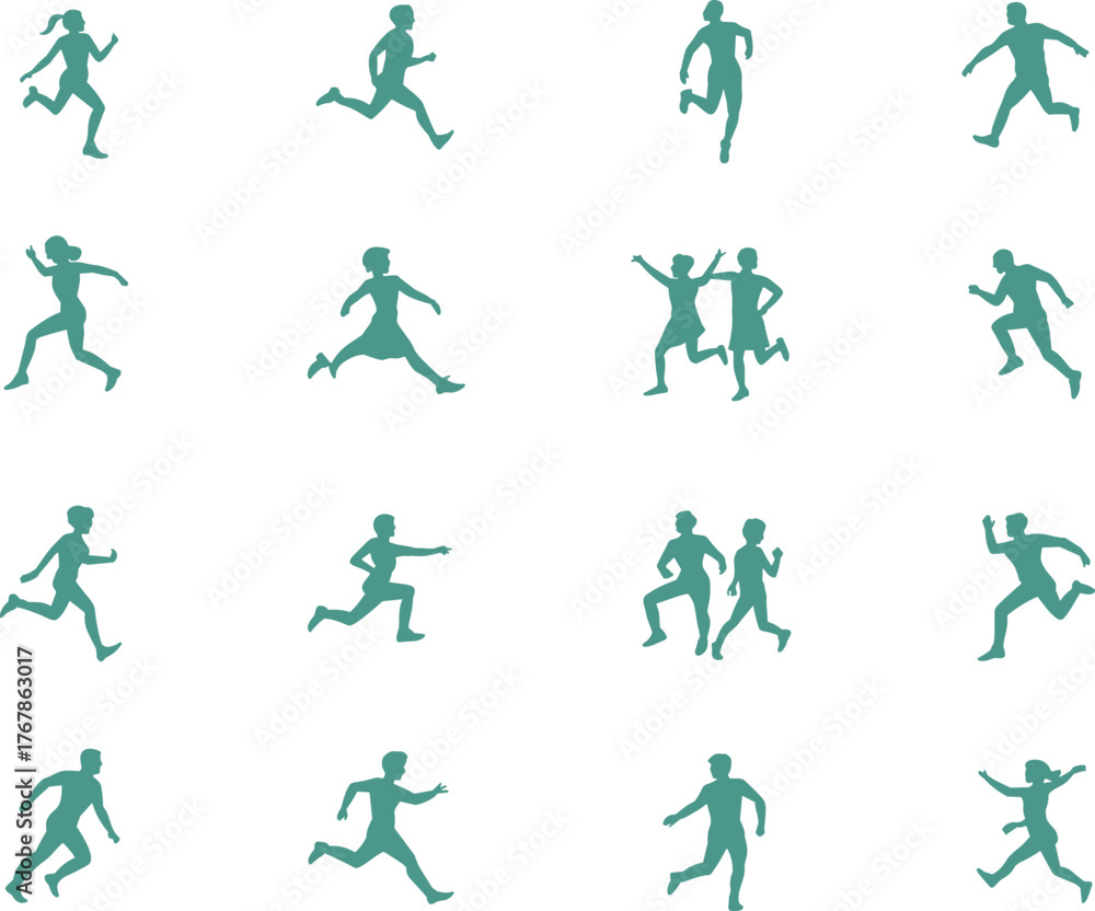 Naklejka premium Running silhouette, athletic motion, dynamic posture, sports activity, fitness movement, speed action, black figure, flat vector illustration, energy, stride
