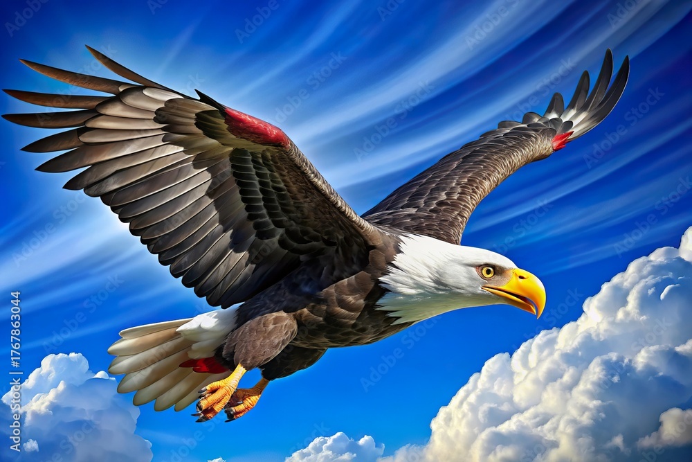 Obraz premium Majestic bald eagle soars against a vibrant blue sky, embodying the spirit of American freedom and strength