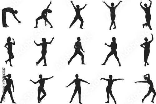 Silhouettes of dancing and stretching poses, active human movements, fitness gestures, black figures in motion, flat vector illustration design