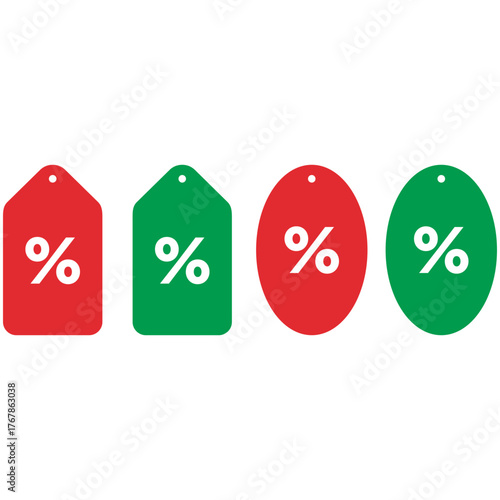 Holiday discount promotion featuring vibrant red and green tags for seasonal sales, driving retail excitement and increased purchasing power for savvy shoppers