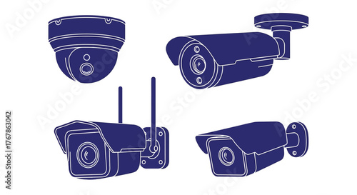 Blue outlines of various security cameras and surveillance equipment displayed