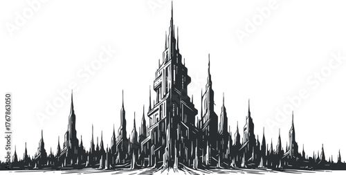 A detailed black and white illustration of a gothic cityscape with towering spires and intricate architecture.