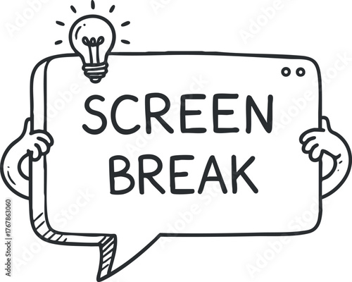 Illustration of a cartoon speech bubble stating Screen Break with a lightbulb concept.