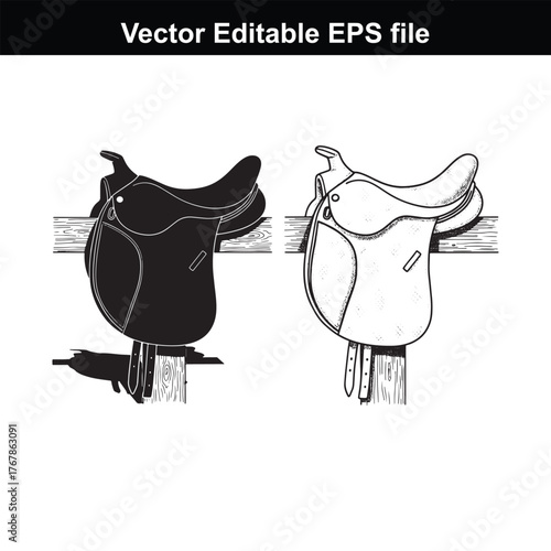 Silhouette and detailed drawing of a western saddle on a wooden fence