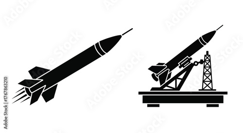 Black and white illustration of a missile and launch platform