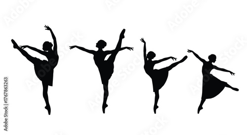 Elegant silhouettes of four ballet dancers in dynamic poses displayed