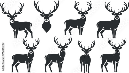 A collection of deer silhouettes showcasing various poses and antler configurations in black.