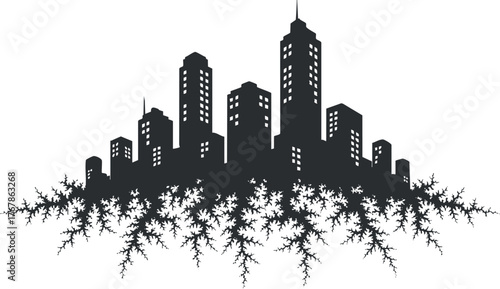 A black silhouette of a city skyline featuring skyscrapers and urban architecture against a white background.