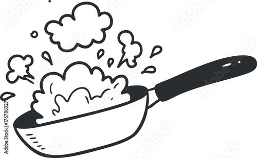 A cartoonish illustration of a pan with steam and bubbles indicating cooking or boiling.