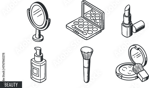 Collection of beauty and makeup items including mirrors, lipsticks, brushes, and palettes.