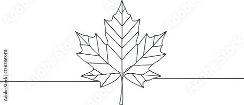 A simple black outline of a maple leaf on a white background showcasing nature's beauty.