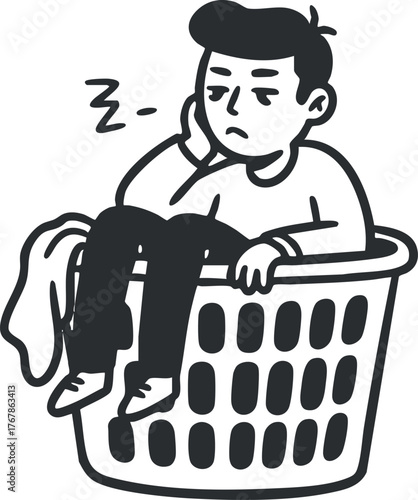 A cartoon illustration of a tired man sitting in a laundry basket looking bored and sleepy.