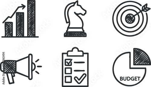 A collection of icons representing business growth strategy analytics and budgeting concepts.