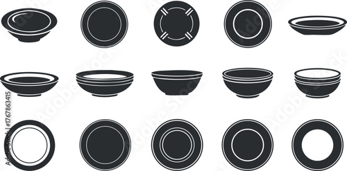 A collection of black and white illustrations of various plate designs and shapes.