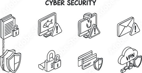 A collection of cyber security icons representing protection, privacy, and online safety.
