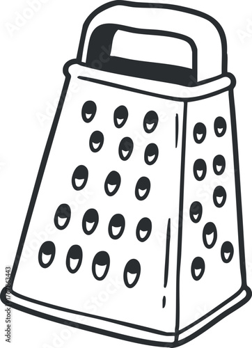 An illustrated kitchen grater used for shredding cheese and vegetables in cooking.