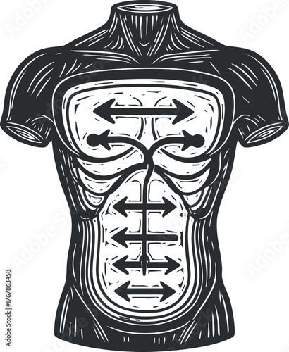 Illustration of human torso anatomy highlighting muscles and body structure for fitness and health.