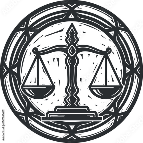 A black and white illustration of traditional scales of justice symbolizing law and fairness.