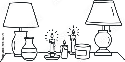 A cozy still life illustration featuring lamps, candles, and decorative vases on a table.