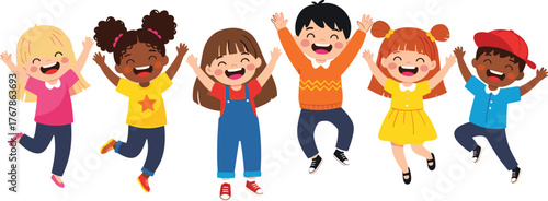 PrintHappy diverse children jumping with joy, celebrating friendship and fun in colorful outfits on white background, isolated illustration