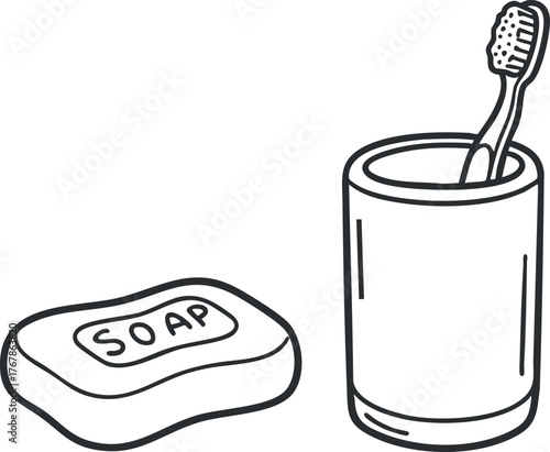 Illustration of a soap bar and a toothbrush in a container for hygiene purposes.