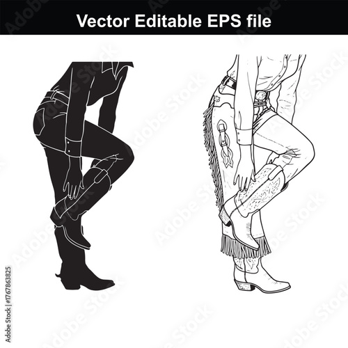 Cowgirl putting on cowboy boot, silhouette and line art vector illustration