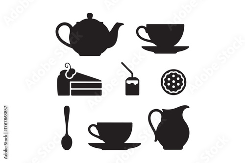 Black silhouette icons of tea and cake set