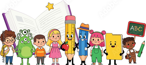 Stock photo illustration of cheerful school children with supplies and a fun cartoon style