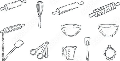 A collection of hand-drawn kitchen utensils and baking tools including rolling pins and bowls.