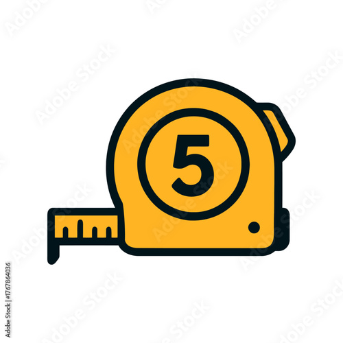 A yellow tape measure with the number 5 on it. The tape measure is black and white. Vector. 