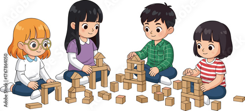 Cartoon vector illustration of a girl and boy child smiling and having fun at school with their family
