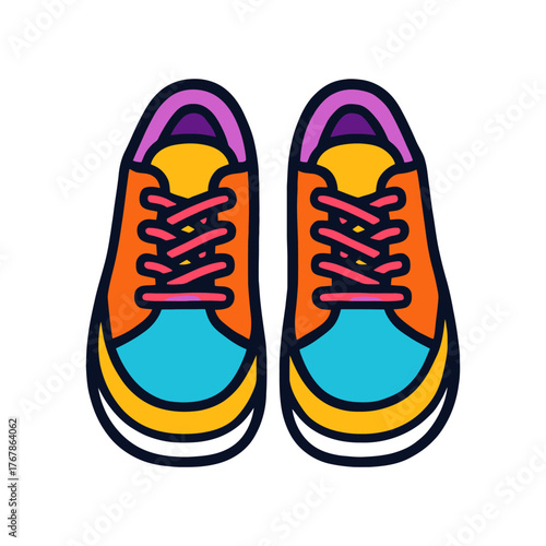 Two colorful shoes with a pink and blue laces. The shoes are drawn in a cartoon style. Vector. 