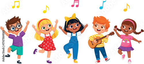 Smiling cartoon girls with a vector illustration of paint, a gift, and a fan for fun childhood play