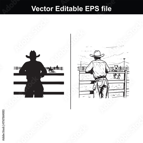 Silhouette and line art of a cowboy watching horses in a corral from a fence
