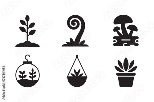 Collection of six black silhouette icons representing various plants and fungi