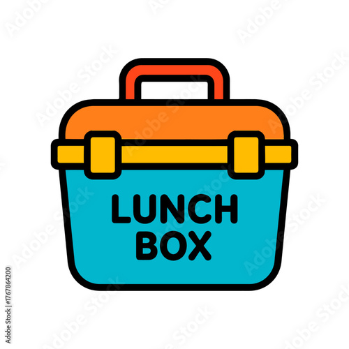 A blue lunch box with a yellow handle. The word lunch is written on the box. Concept of organization and preparedness for a meal. Vector. 