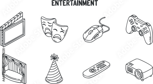 Collection of entertainment related icons including theater masks, video game controller, and projector.