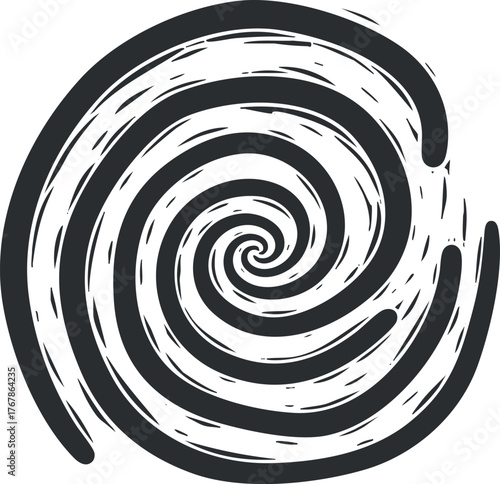 A dynamic black and white spiral design representing motion and abstract creativity.