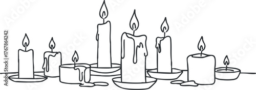 A collection of hand-drawn candles with melting wax and flickering flames in a minimalist style.
